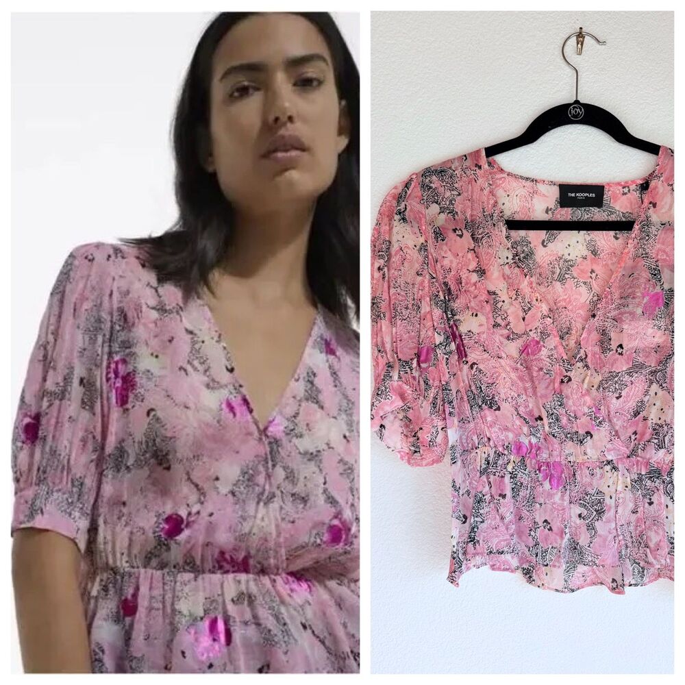 NEW The Kooples Paisley Flowers w Metallic Foil Cropped Blouse in Pink Size US6